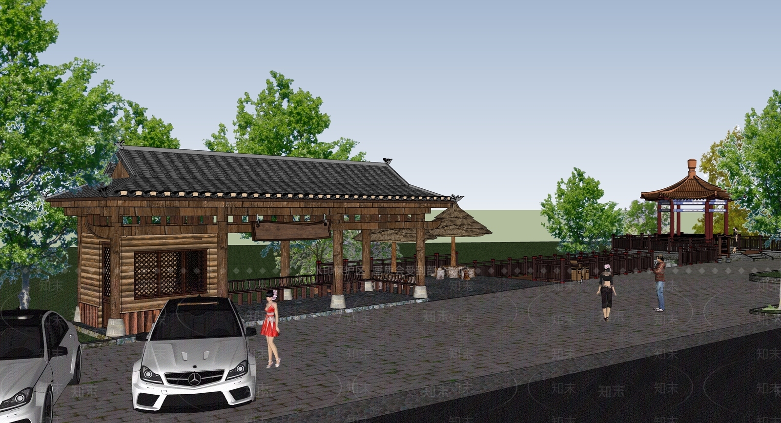 中式复古乡村公园SU模型下载【ID:1192181176】
