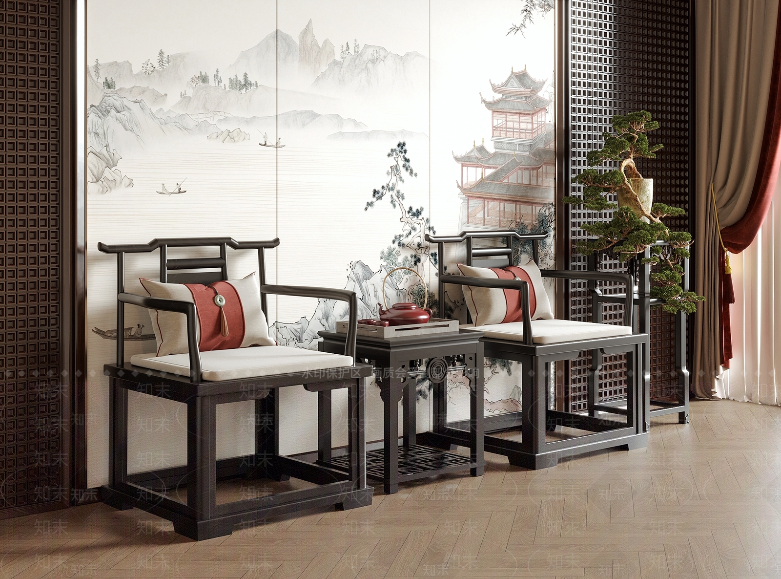 中式法式休闲椅SU模型下载【ID:1192188979】