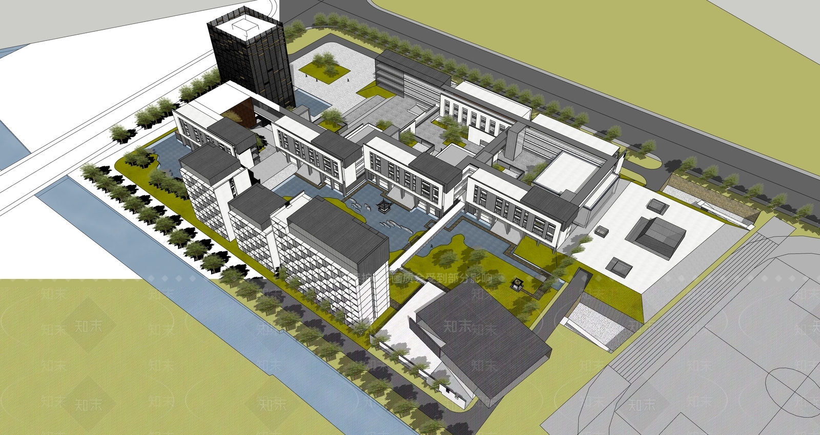 现代新中式学校建筑SU模型下载【ID:1192193234】