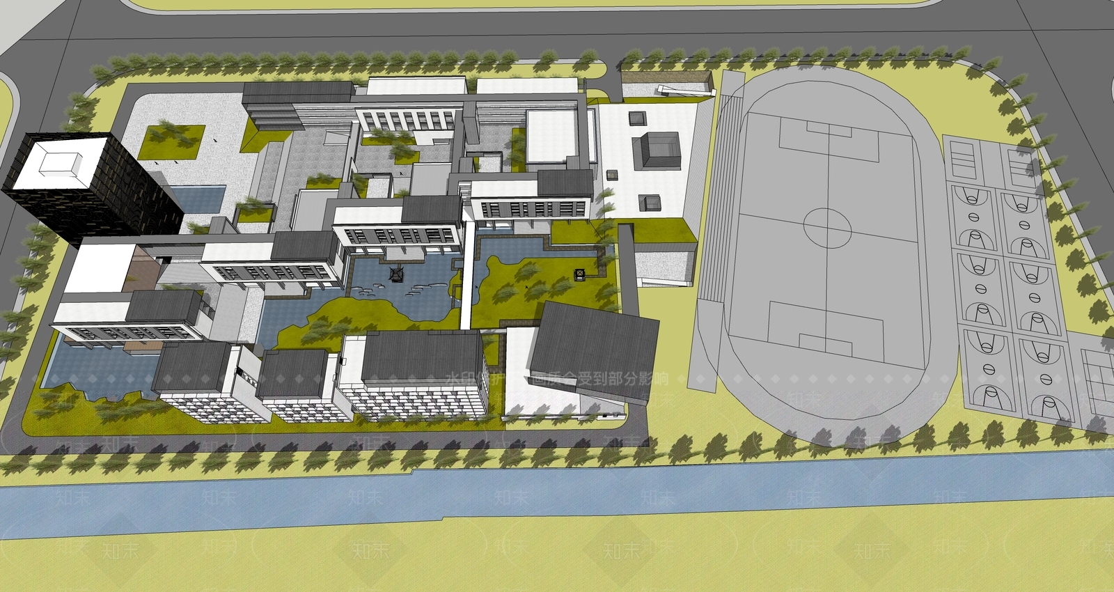 现代新中式学校建筑SU模型下载【ID:1192193234】