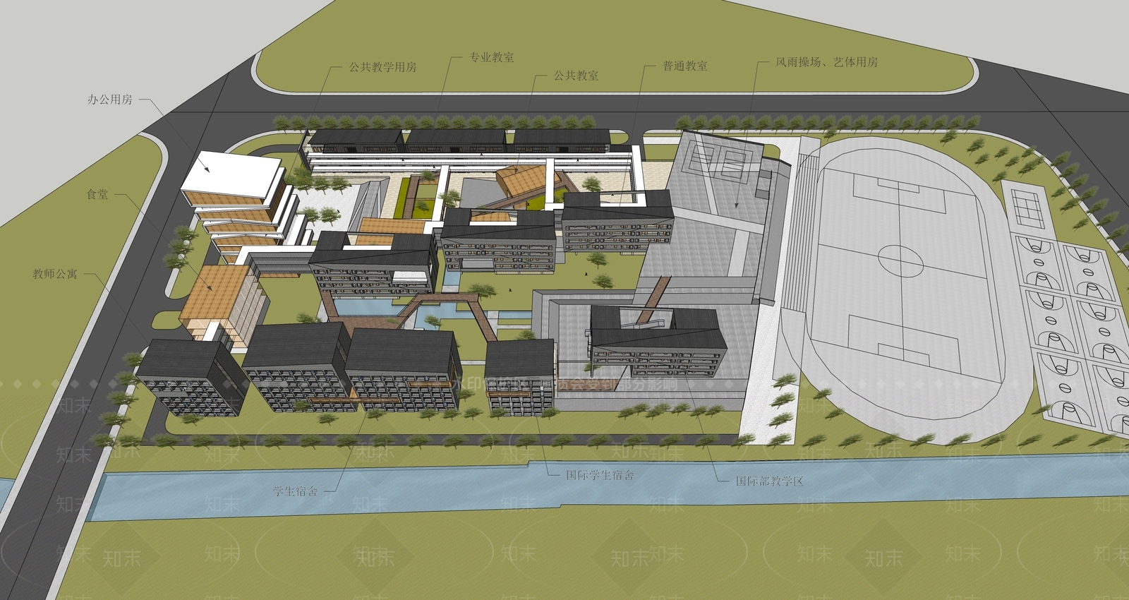 现代新中式学校建筑SU模型下载【ID:1192194621】