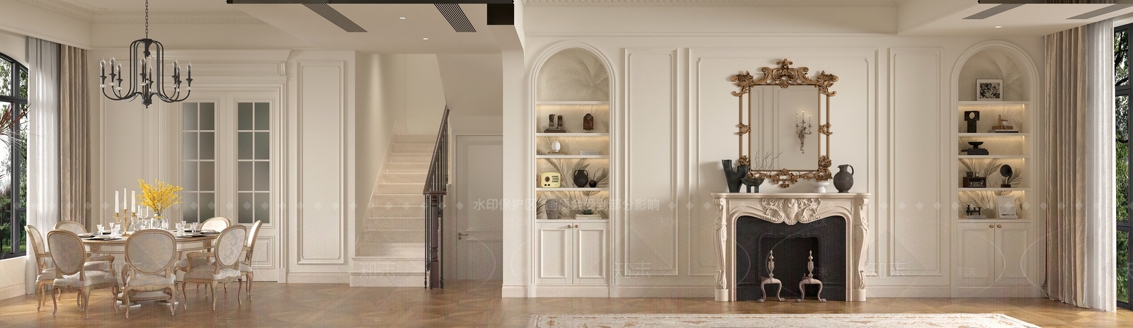法式美式大平层客餐厅3D模型下载【ID:1192207220】