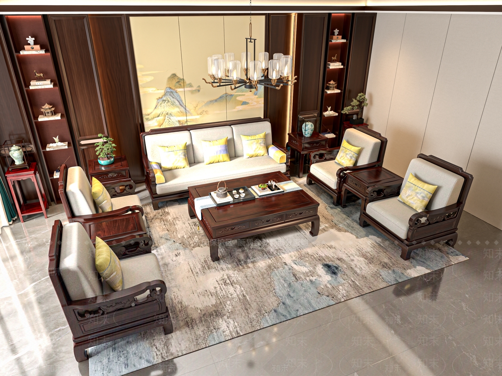 新中式中式多人沙发3D模型下载【ID:1192212358】