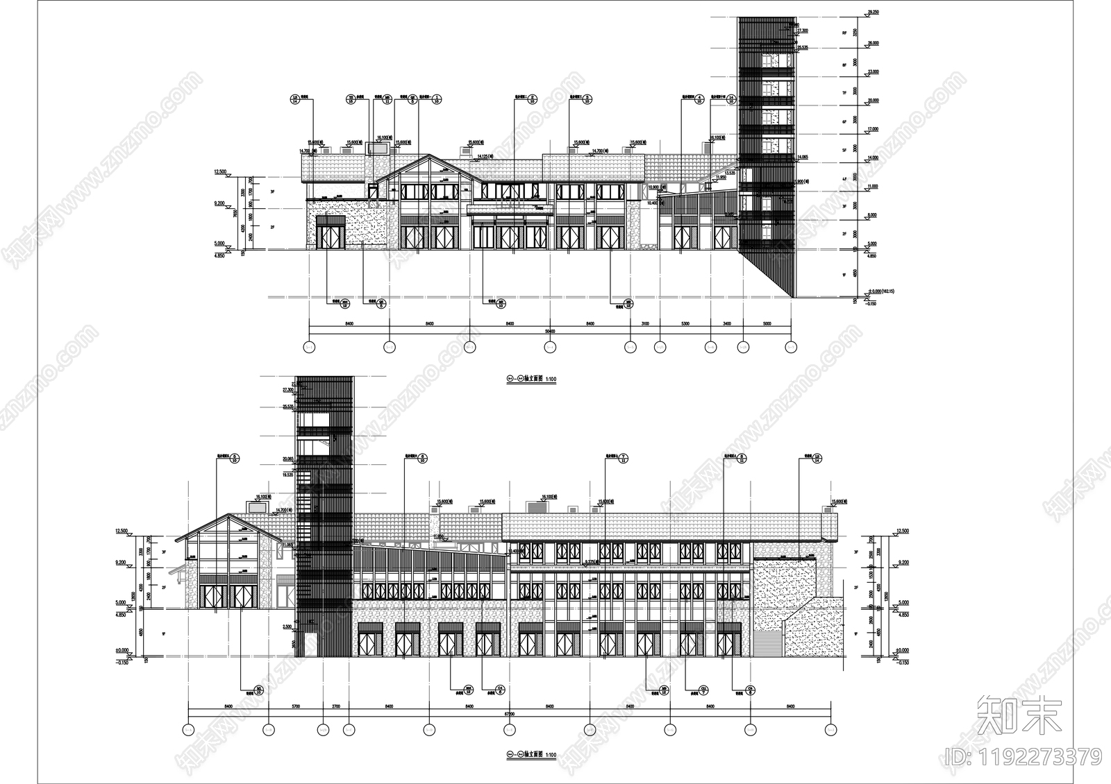 中式民宿建筑cad施工图下载【ID:1192273379】