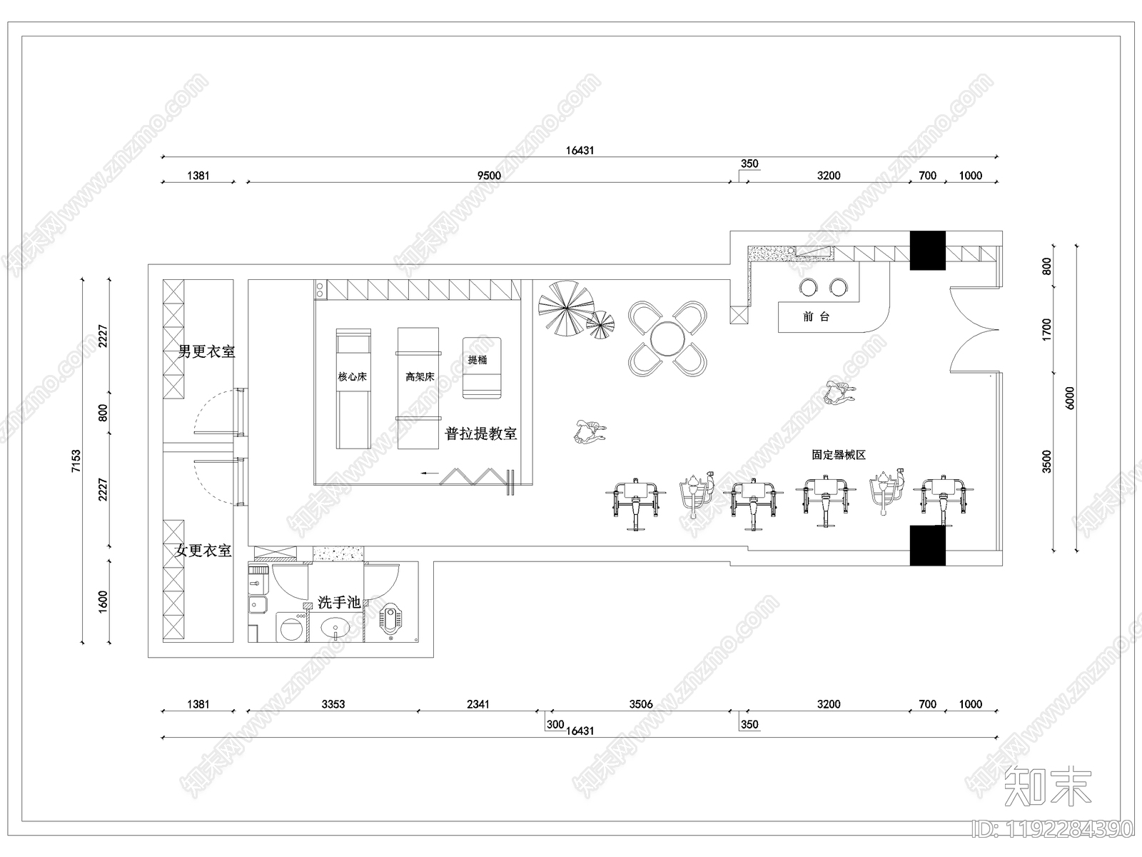 现代瑜伽馆cad施工图下载【ID:1192284390】