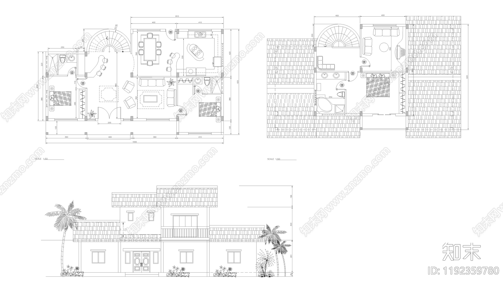 现代别墅建筑施工图下载【ID:1192359780】