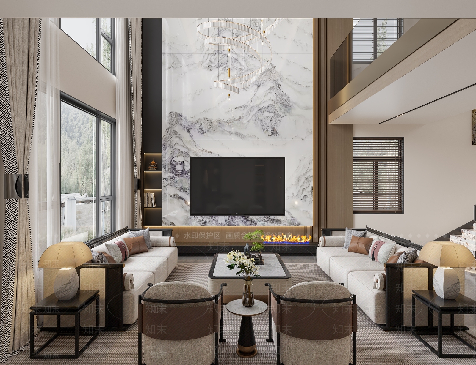 现代新中式别墅客厅3D模型下载【ID:1192435205】