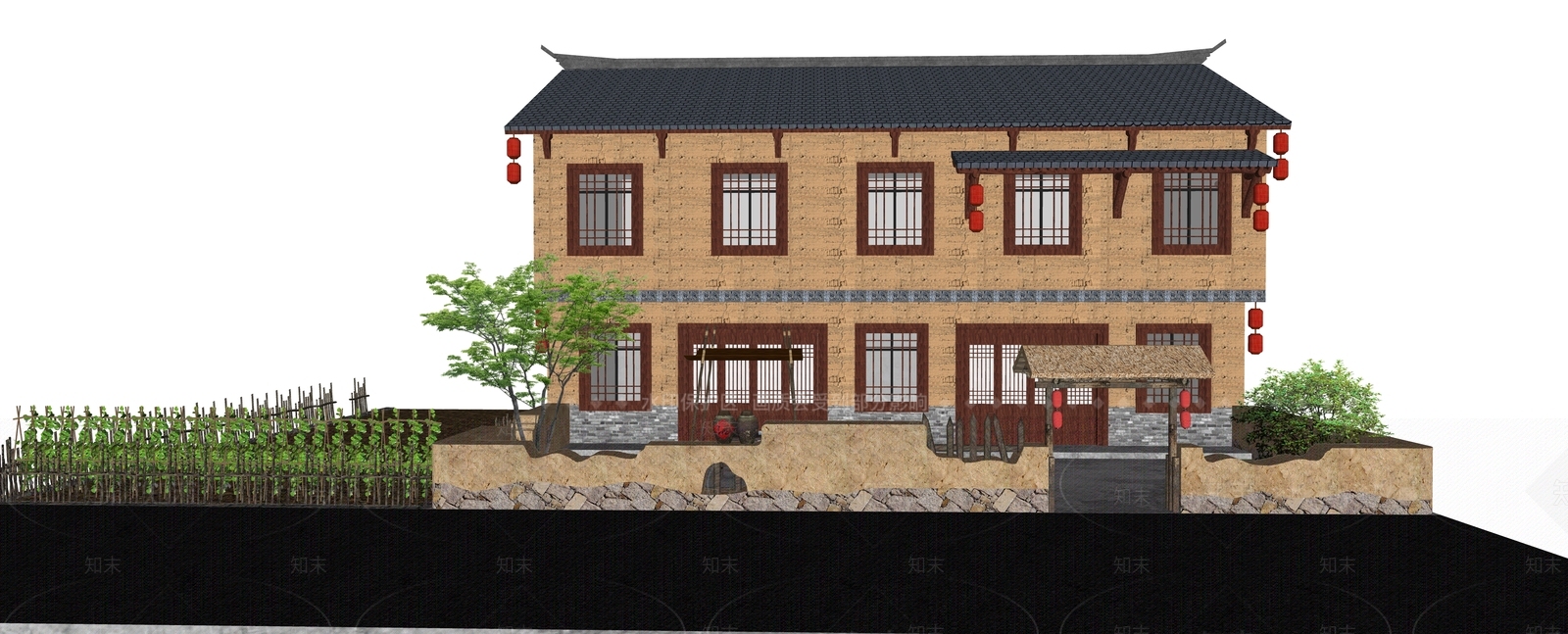 中式风格建筑SU模型下载【ID:1192438969】