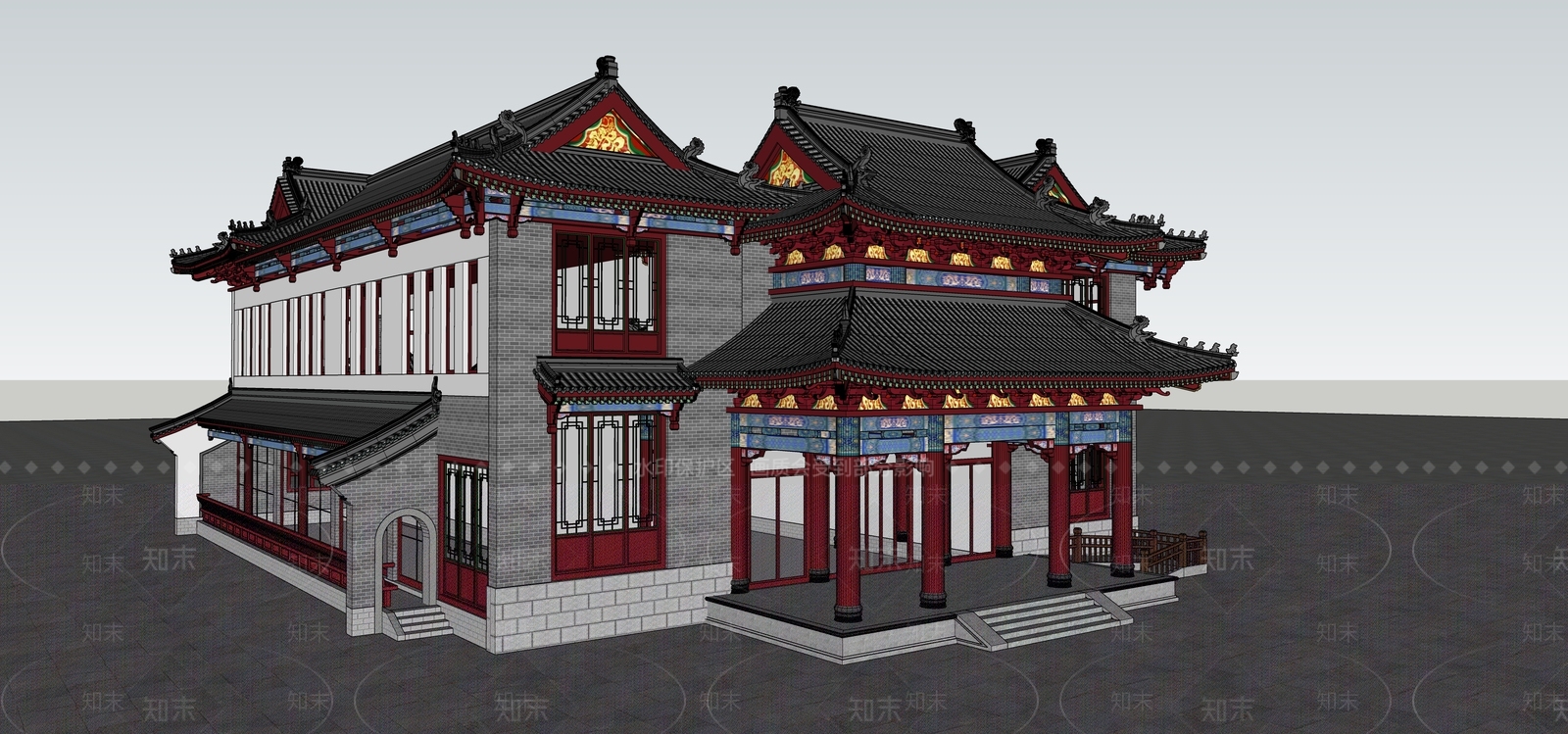 新中式中式古建筑SU模型下载【ID:1192441084】