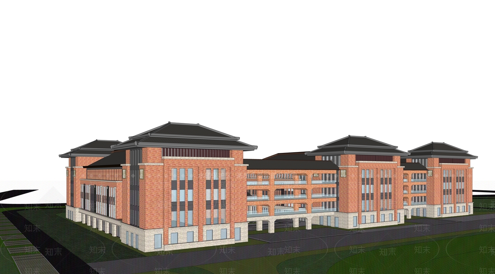 新中式中式学校建筑SU模型下载【ID:1192441758】