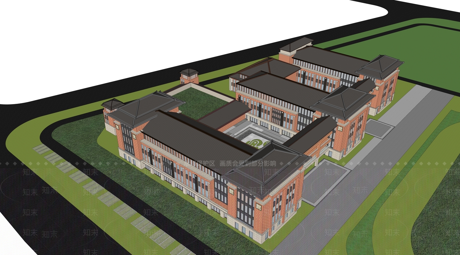 新中式中式学校建筑SU模型下载【ID:1192441758】