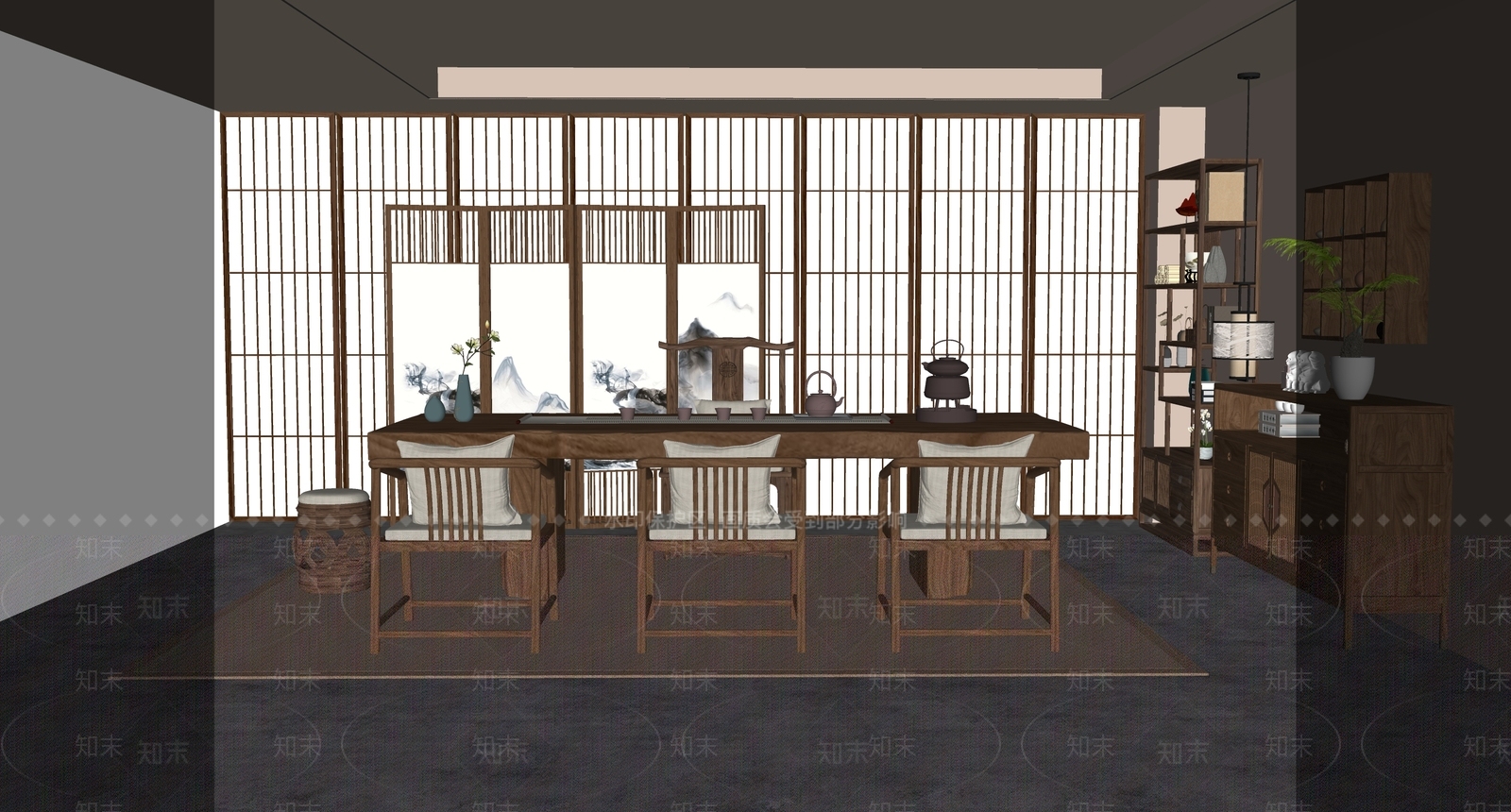 新中式现代茶室SU模型下载【ID:1192460437】