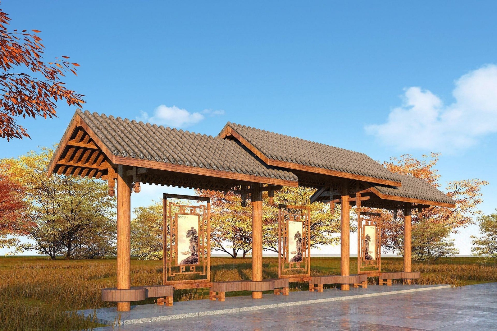 中式公交站台3D模型下载【ID:1192541466】