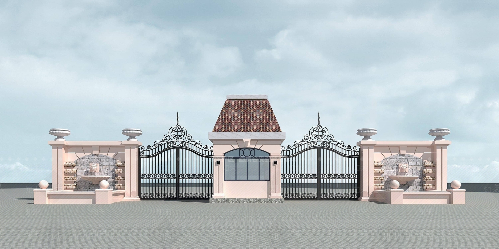 地中海西班牙门卫铁艺大门3D模型下载【ID:1192560084】