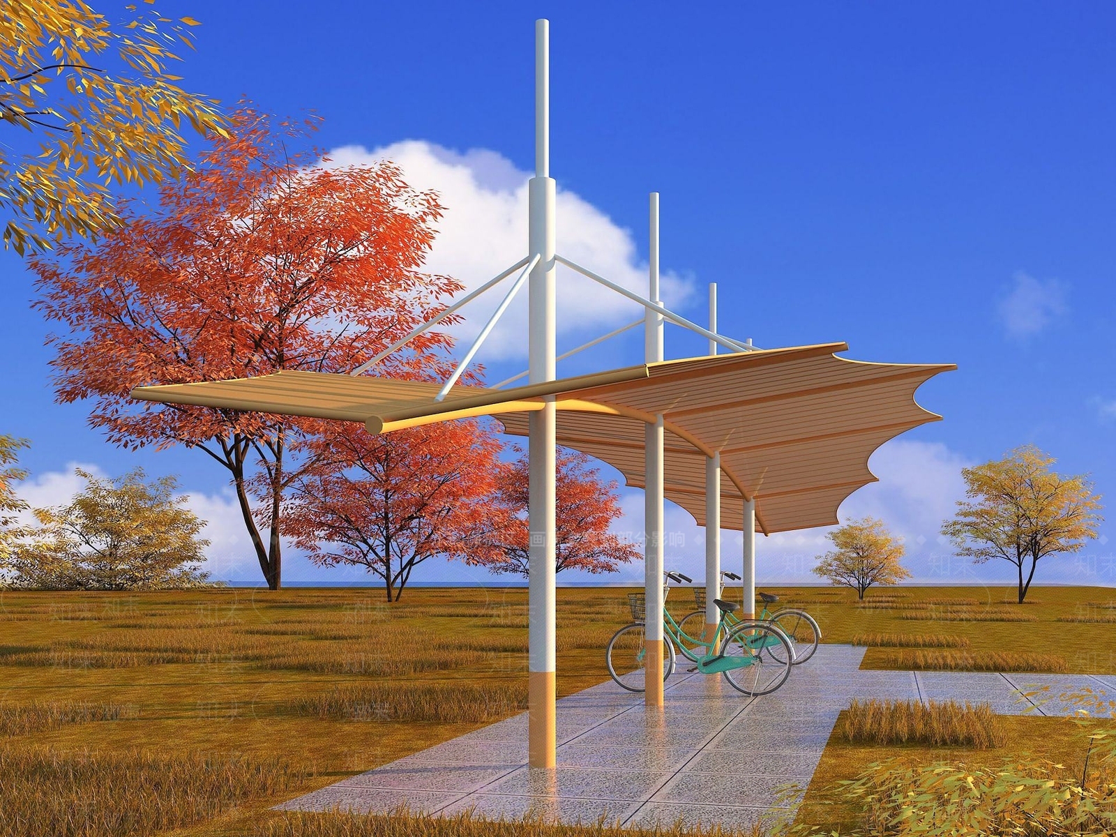 现代膜结构非机动车棚3D模型下载【ID:1192562280】