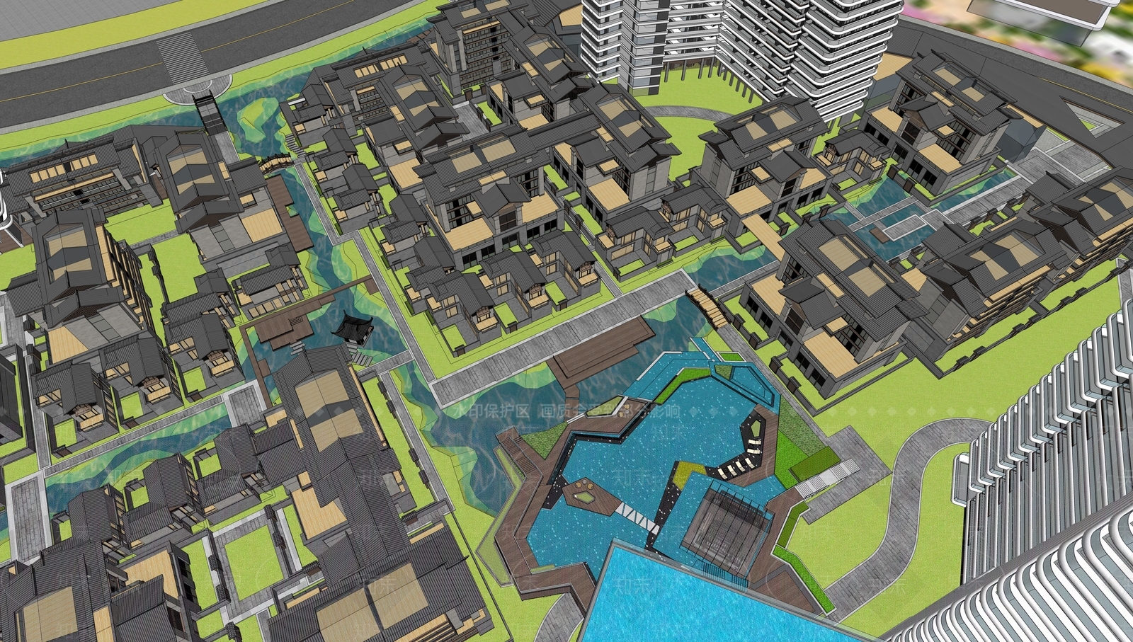 新中式现代小区建筑SU模型下载【ID:1192604069】
