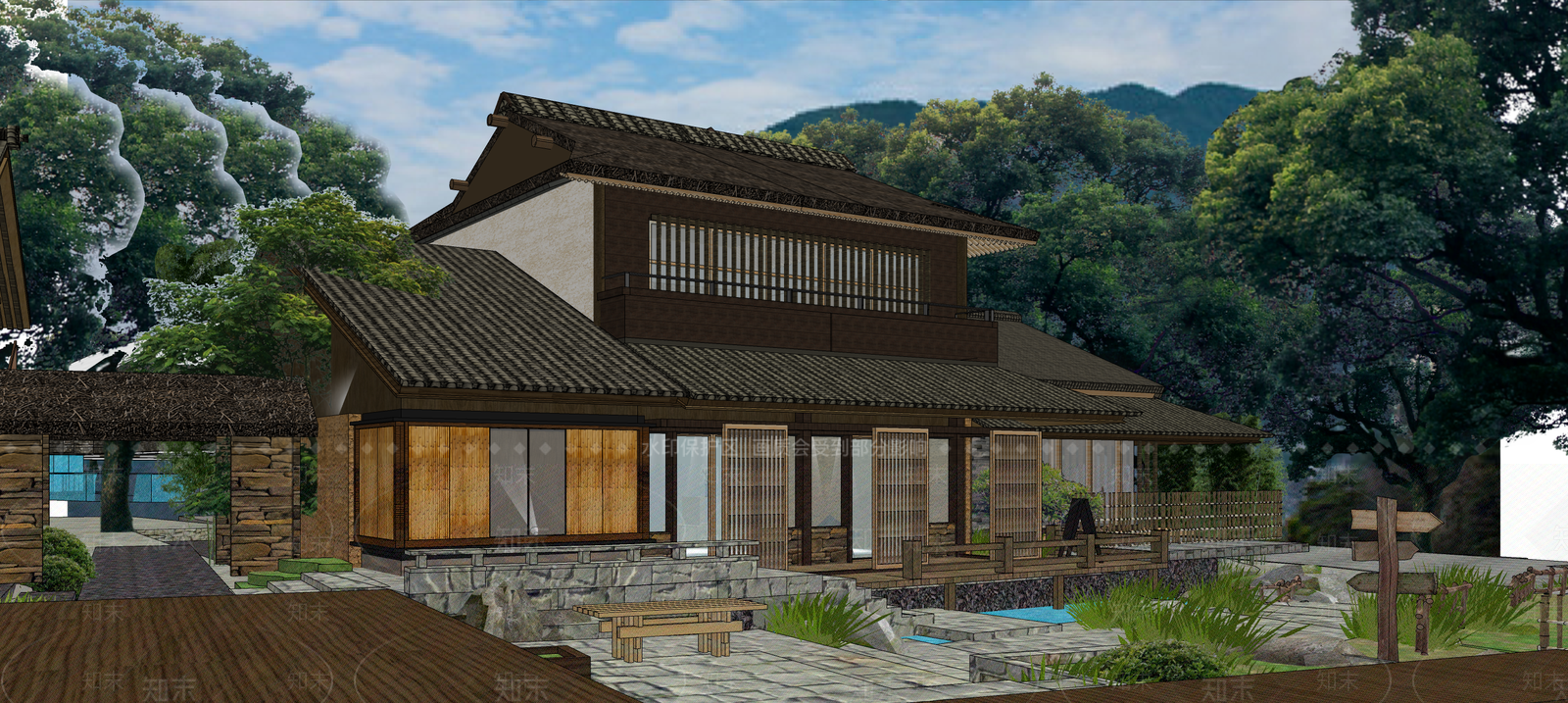 日式民宿建筑SU模型下载【ID:1192619113】