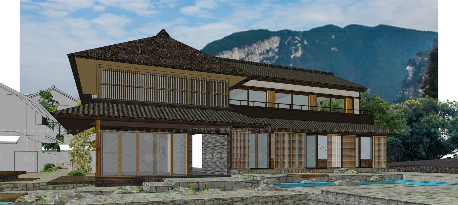 日式侘寂民宿建筑SU模型下载【ID:1192619673】