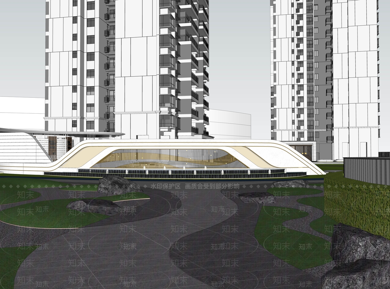 现代新中式小区景观SU模型下载【ID:1192729393】