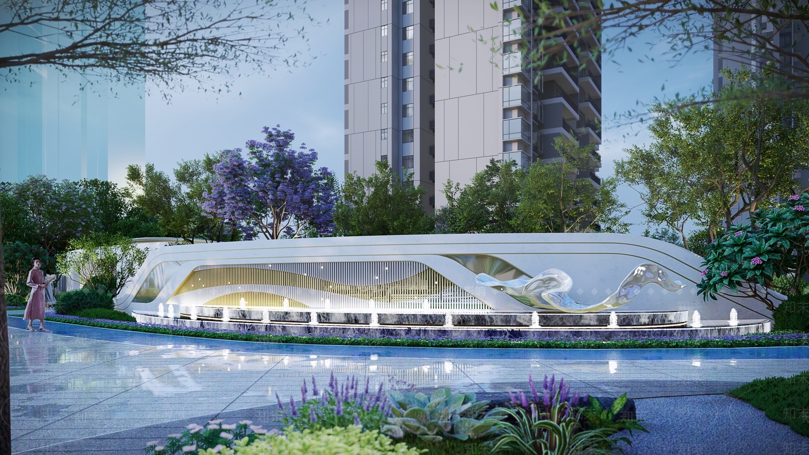 现代新中式小区景观SU模型下载【ID:1192729393】
