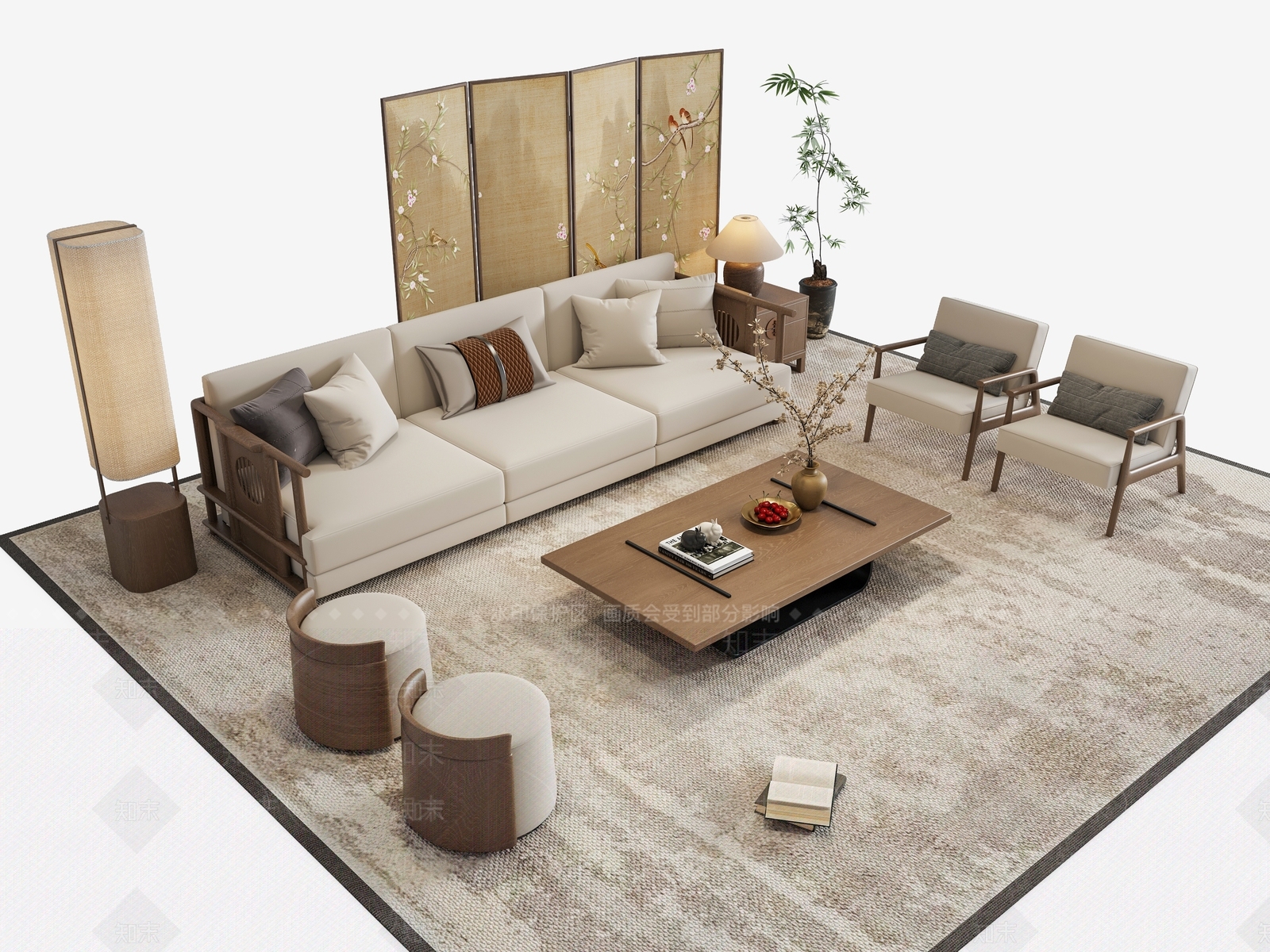 禅意新中式沙发组合3D模型下载【ID:1192796294】_知末3d模型网