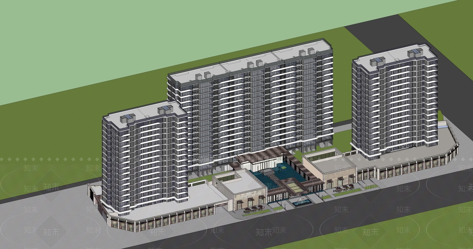 现代酒店建筑SU模型下载【ID:1192806591】