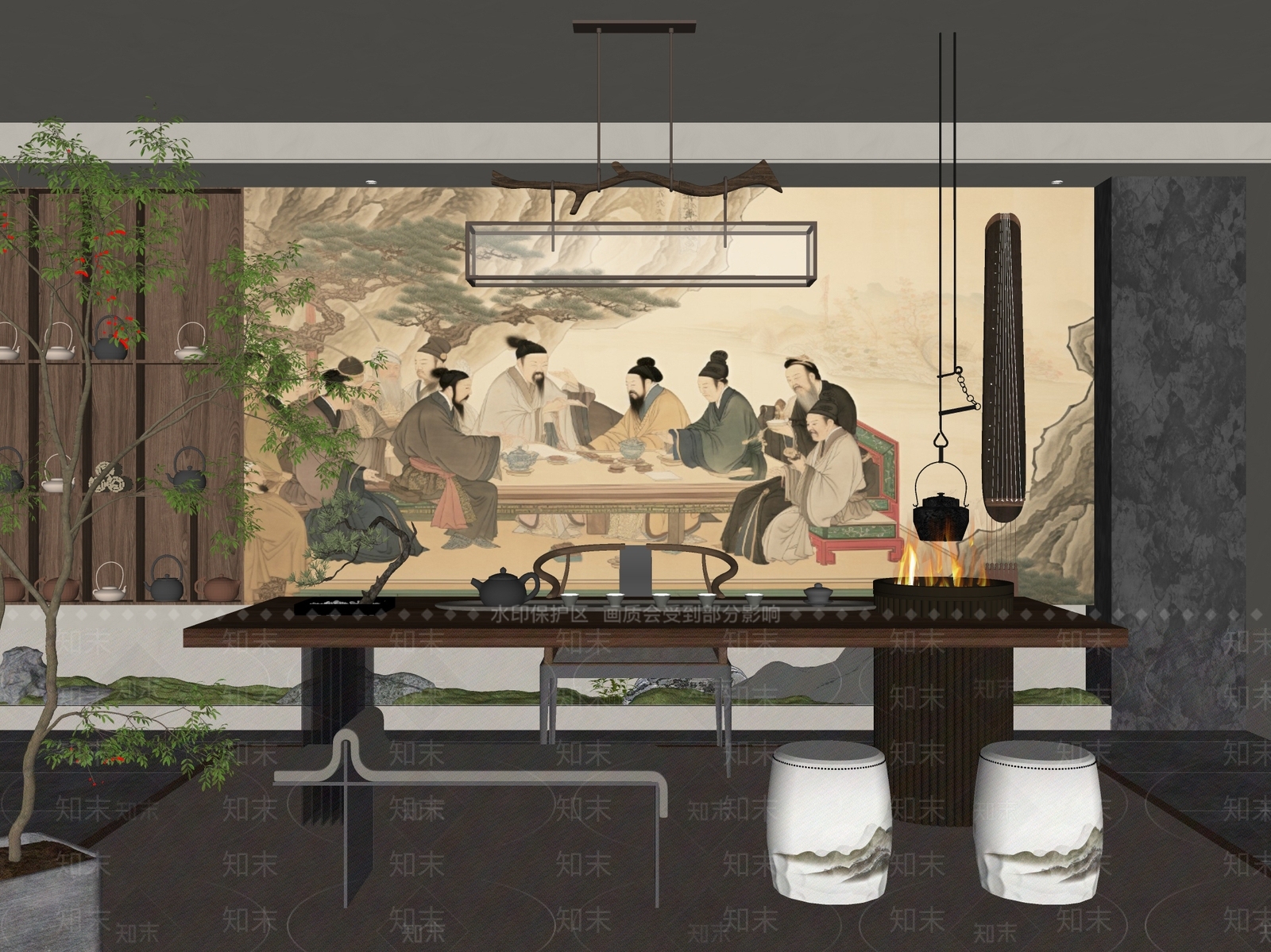 新中式禅意茶室SU模型下载【ID:1192847334】