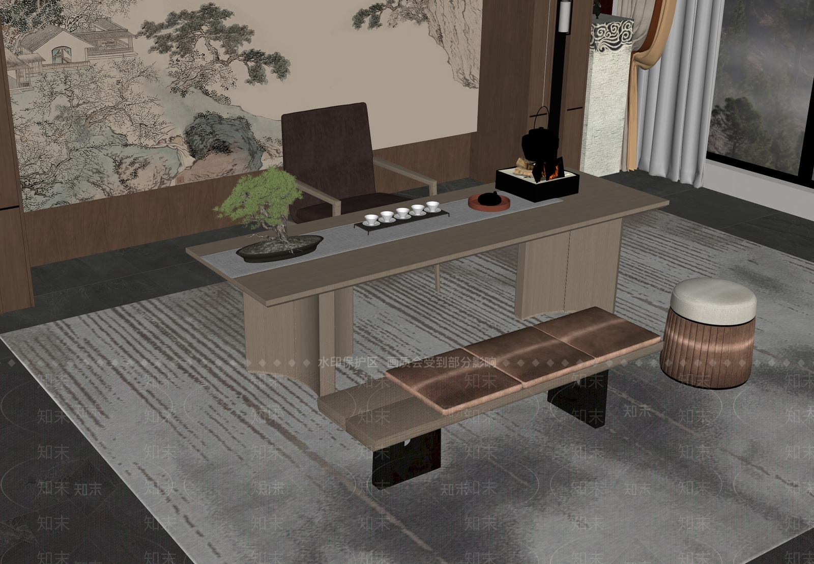 新中式茶桌椅SU模型下载【ID:1192850751】