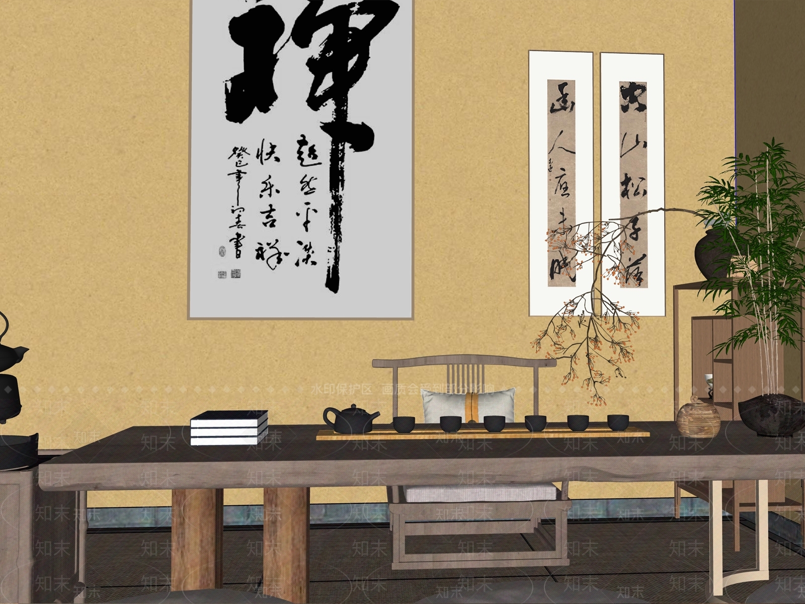 新中式禅意茶室SU模型下载【ID:1192871533】