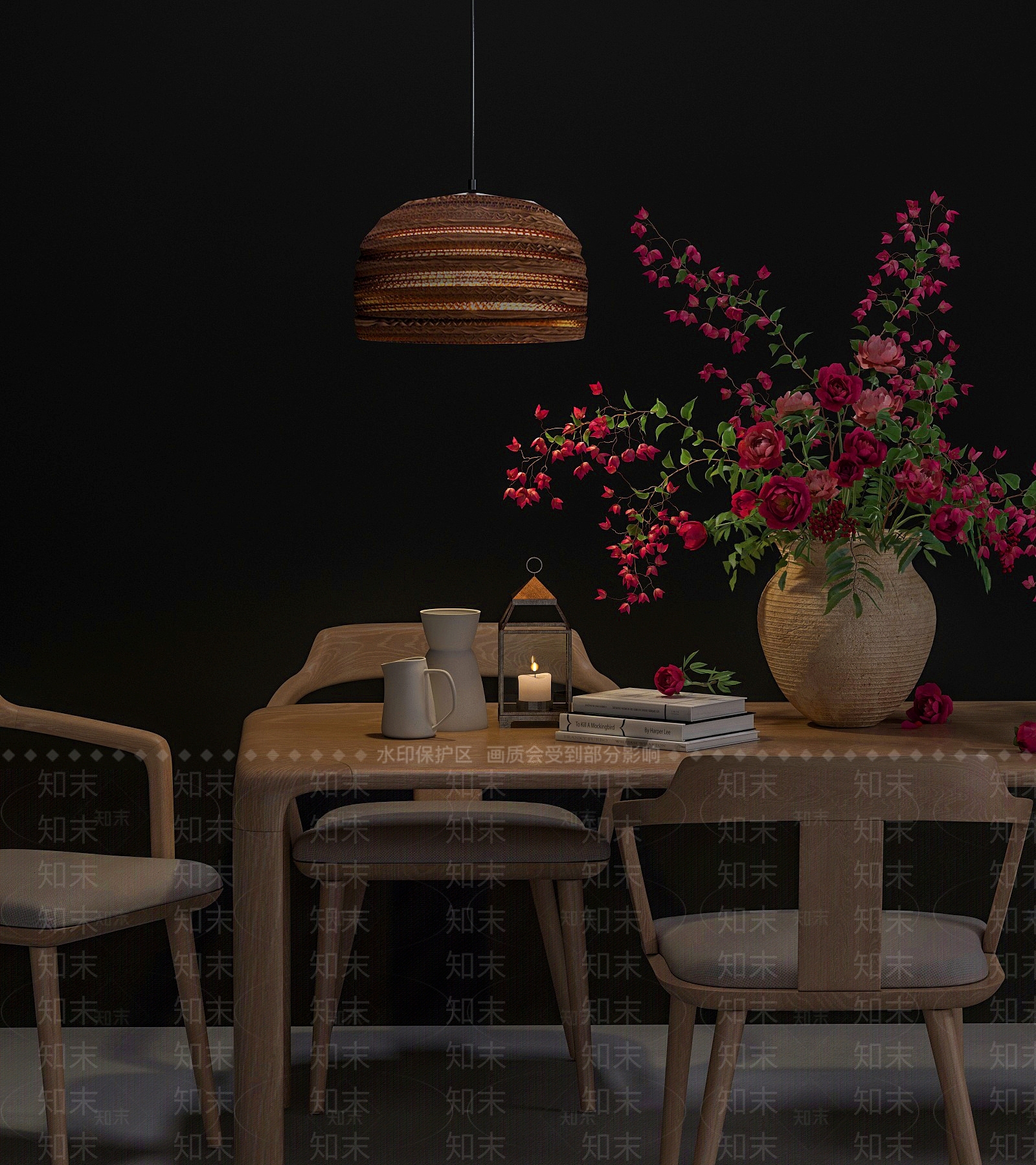 现代木桌椅花瓶组合3D模型下载【ID:1192914021】