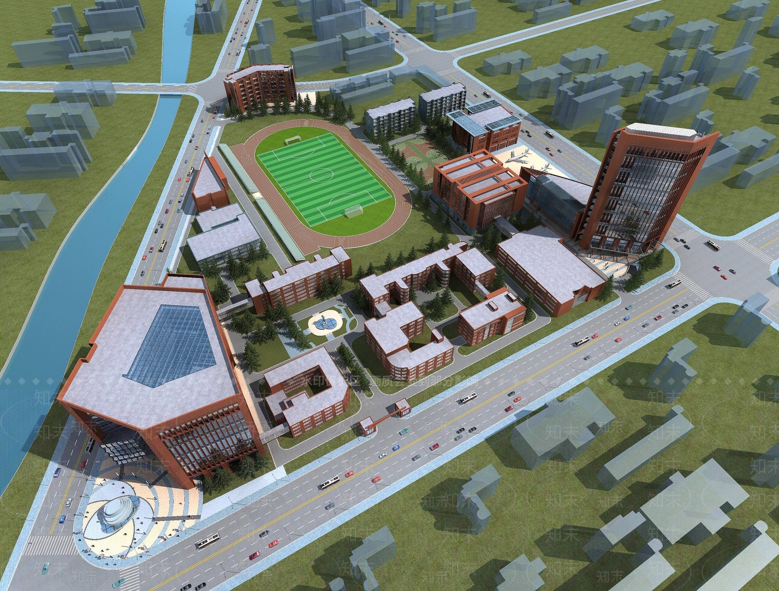 现代大学学校校园鸟瞰3D模型下载【ID:1192927612】