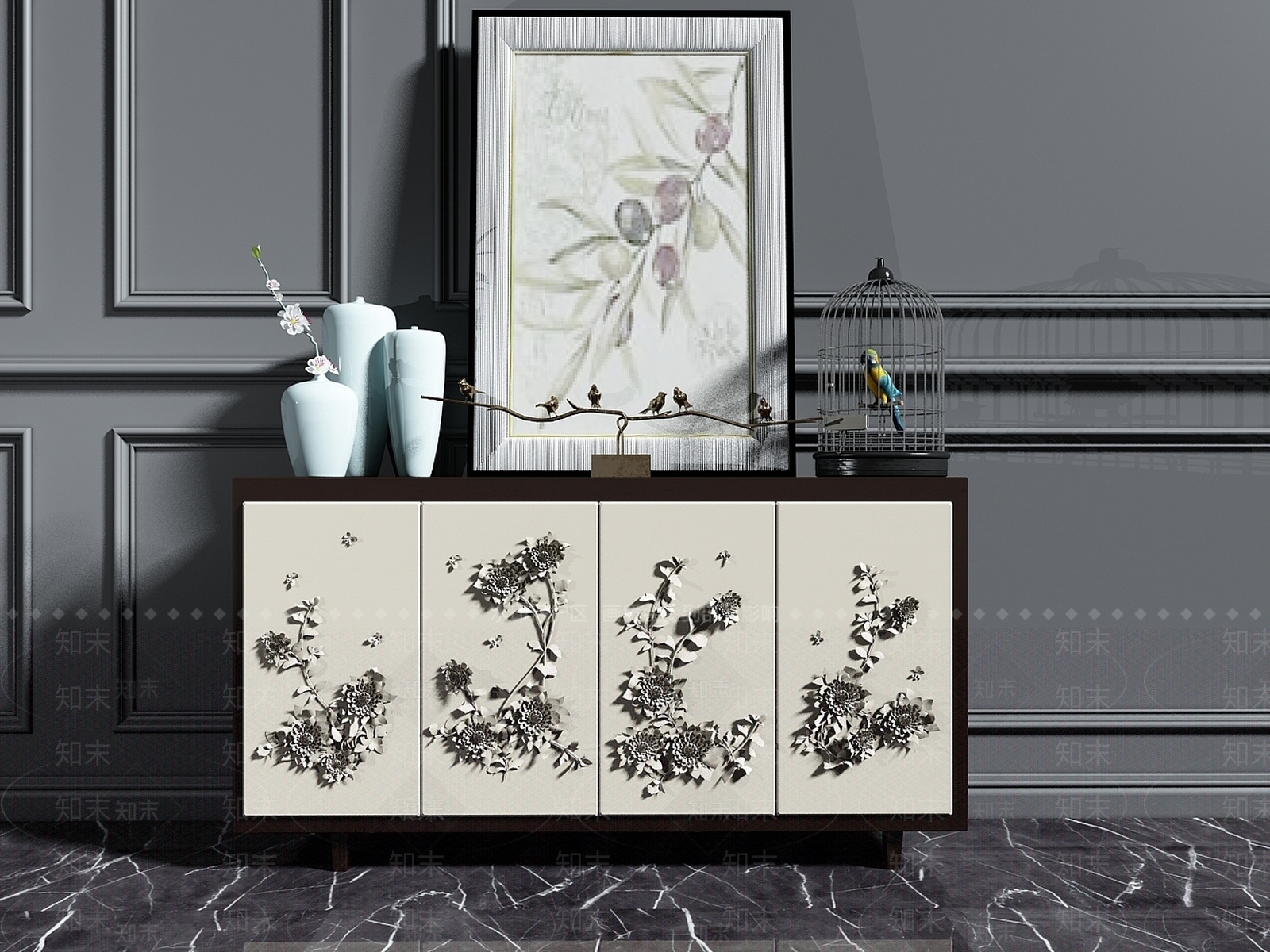 现代雕花工艺玄关柜3D模型下载【ID:1192928289】