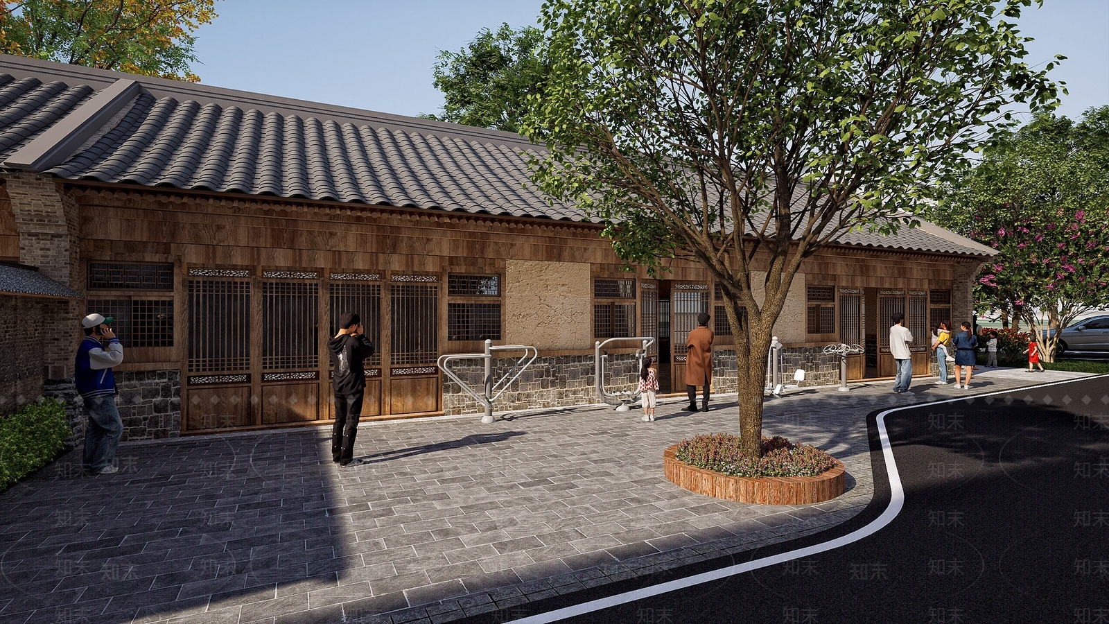 中式复古乡村公园SU模型下载【ID:1192934749】
