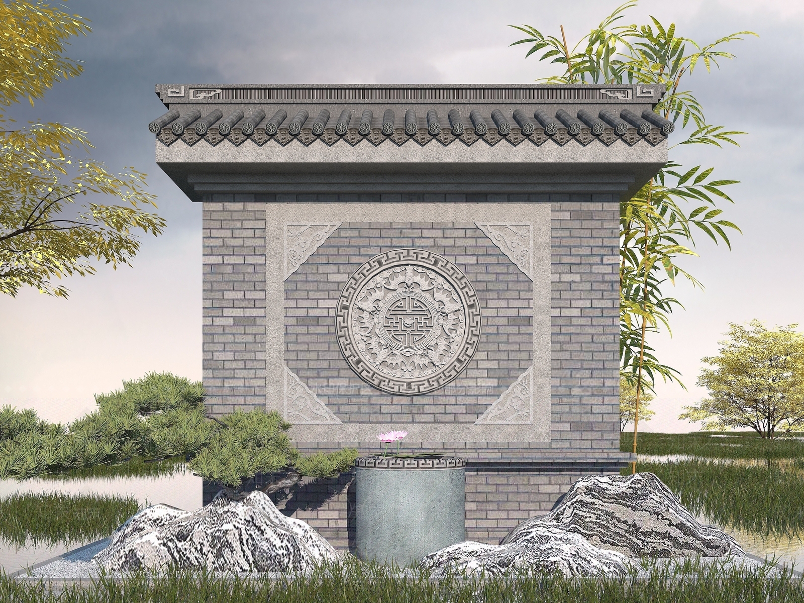 中式园林照壁3D模型下载【ID:1192936588】