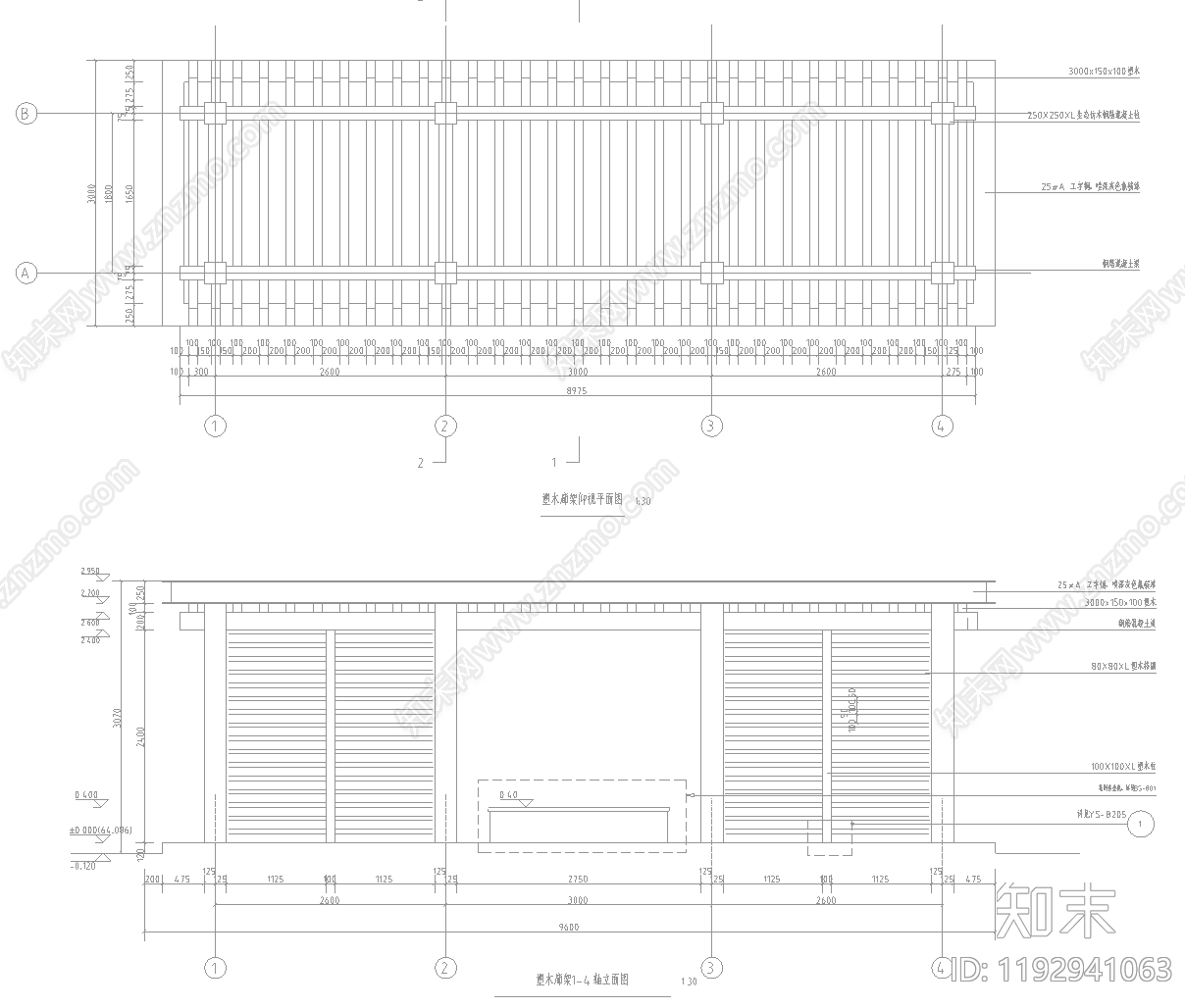 现代廊架cad施工图下载【ID:1192941063】