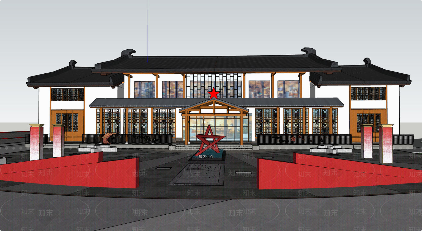 中式现代游客中心SU模型下载【ID:1192943666】