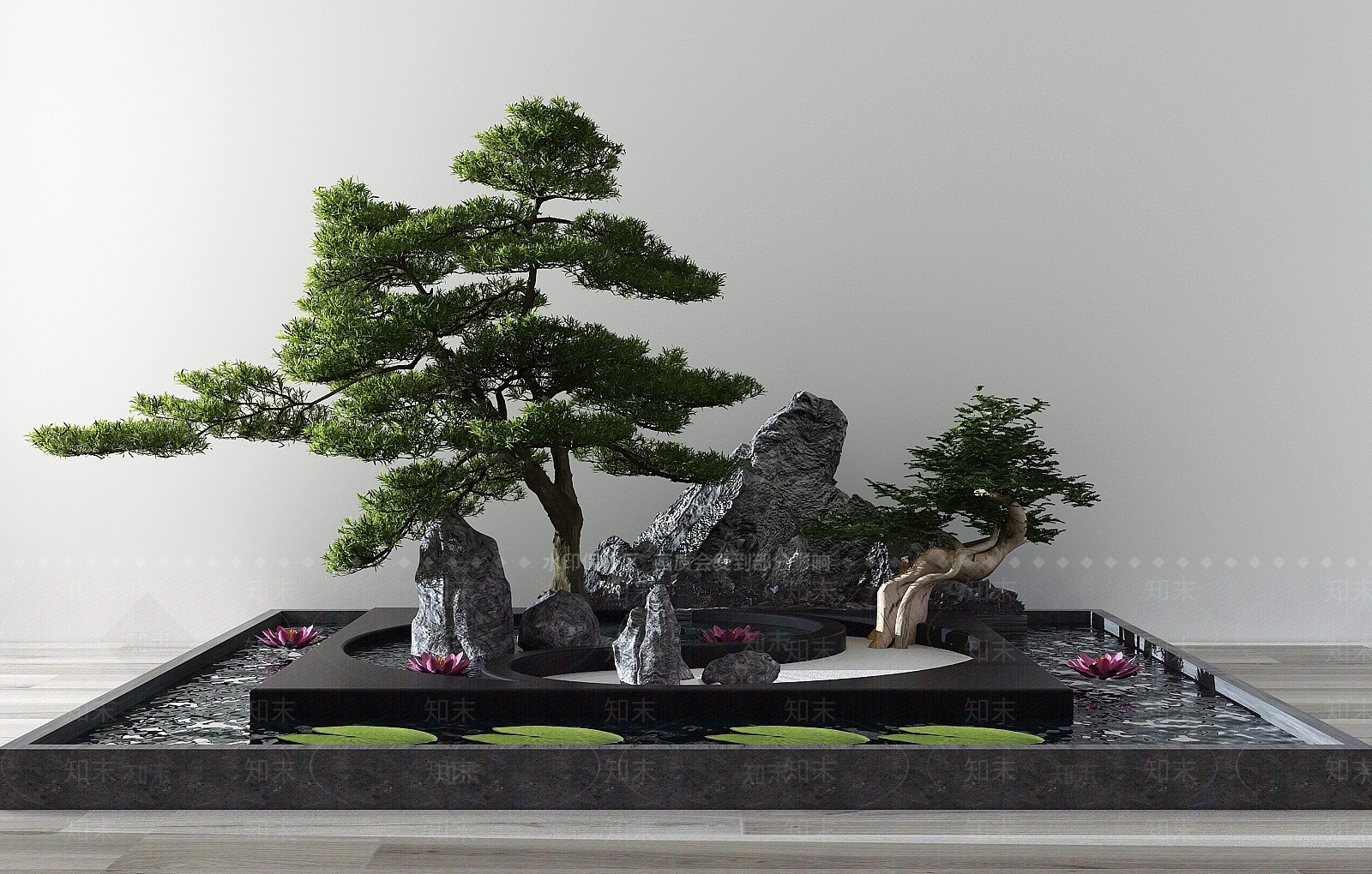 中式松树石头水景3D模型下载【ID:1192945911】