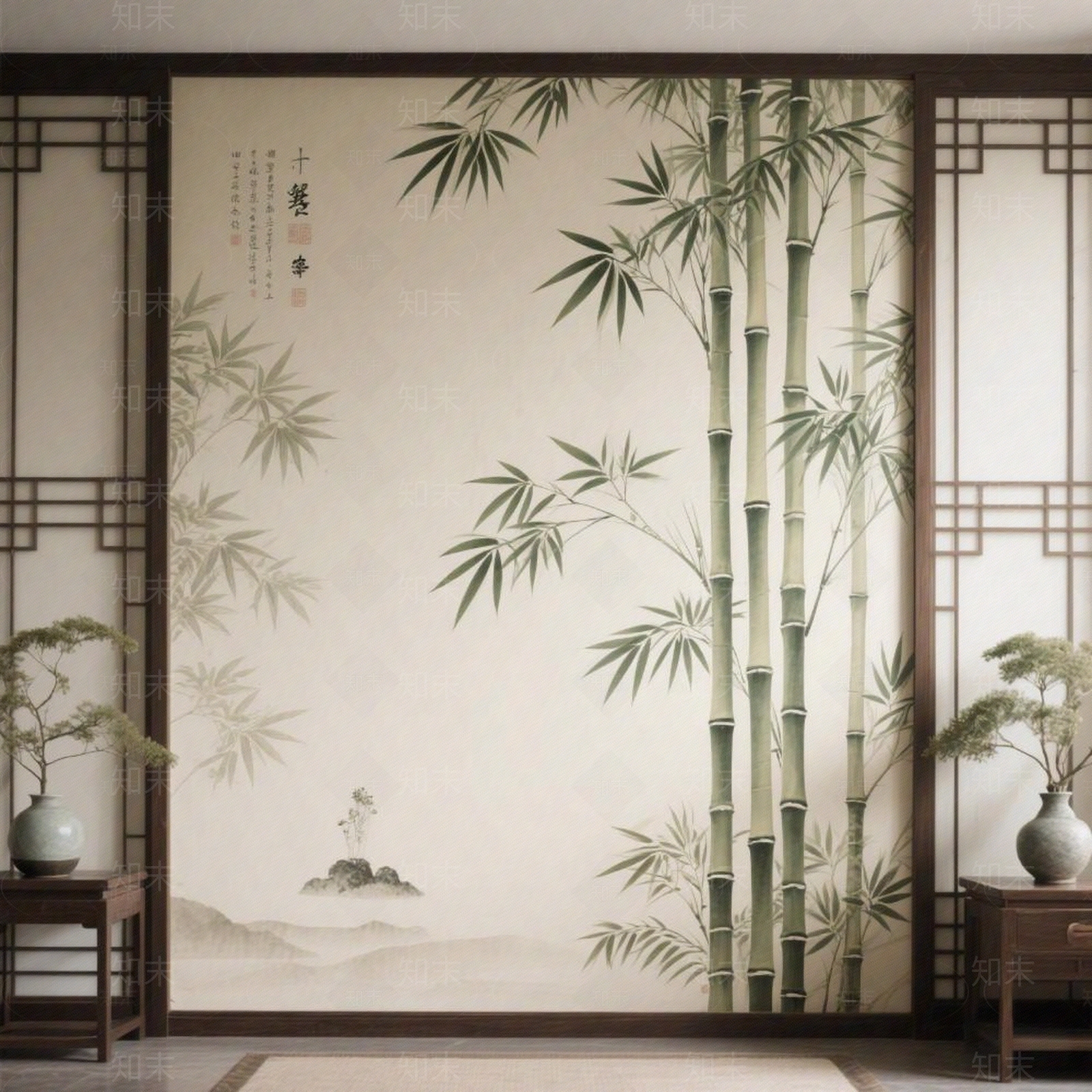 新中式禅意植物壁纸贴图下载【ID:1192987611】