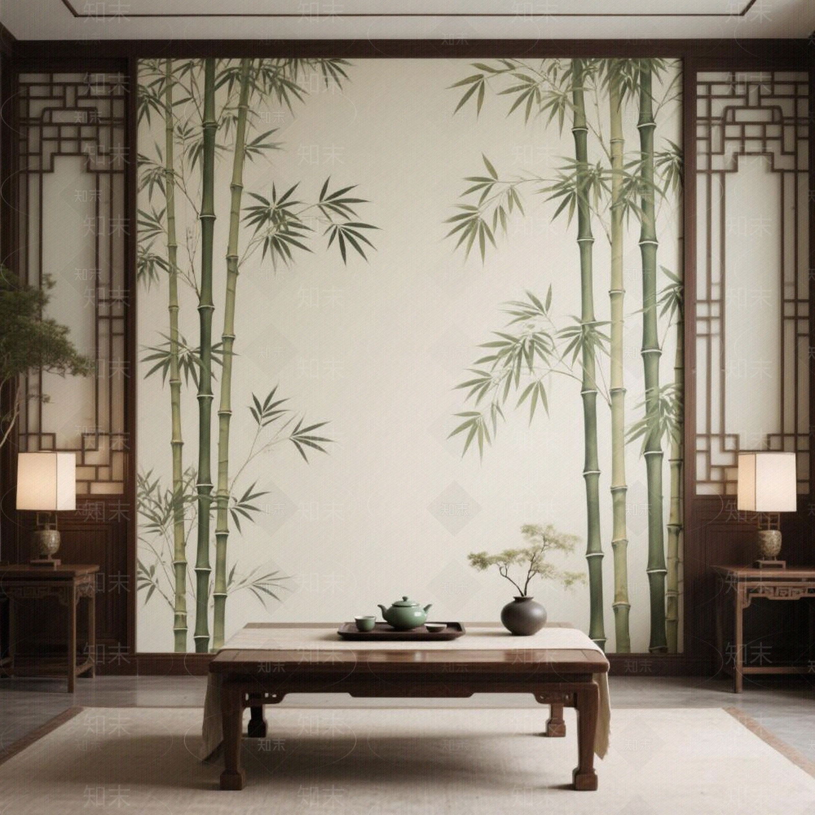新中式禅意植物壁纸贴图下载【ID:1192988380】