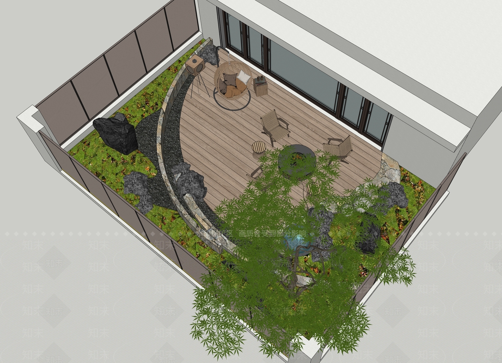 新中式日式屋顶花园SU模型下载【ID:1193036564】