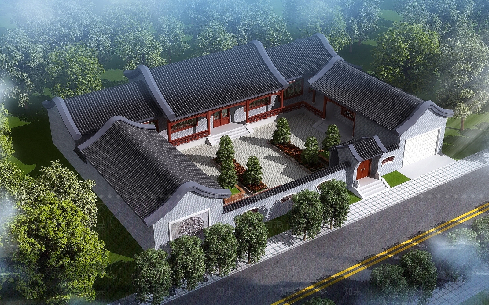 中式古建别墅外观3D模型下载【ID:1193071297】