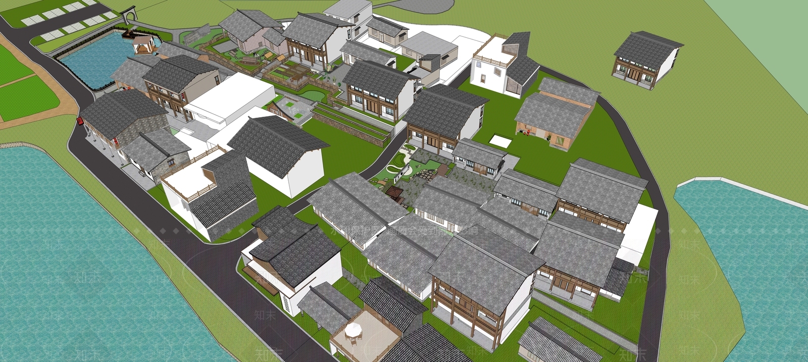 新中式鸟瞰规划SU模型下载【ID:1193078773】