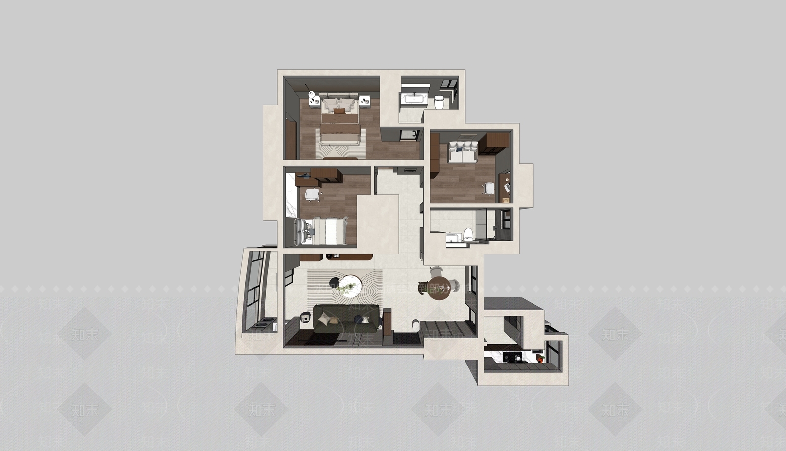 复古中古家装鸟瞰SU模型下载【ID:1193126757】