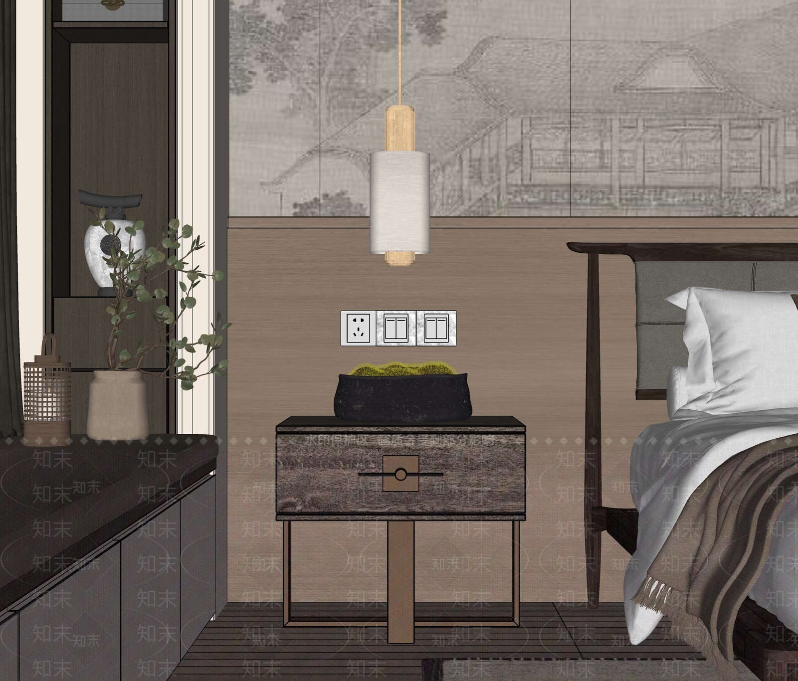 中古新中式床头柜SU模型下载【ID:1193117495】