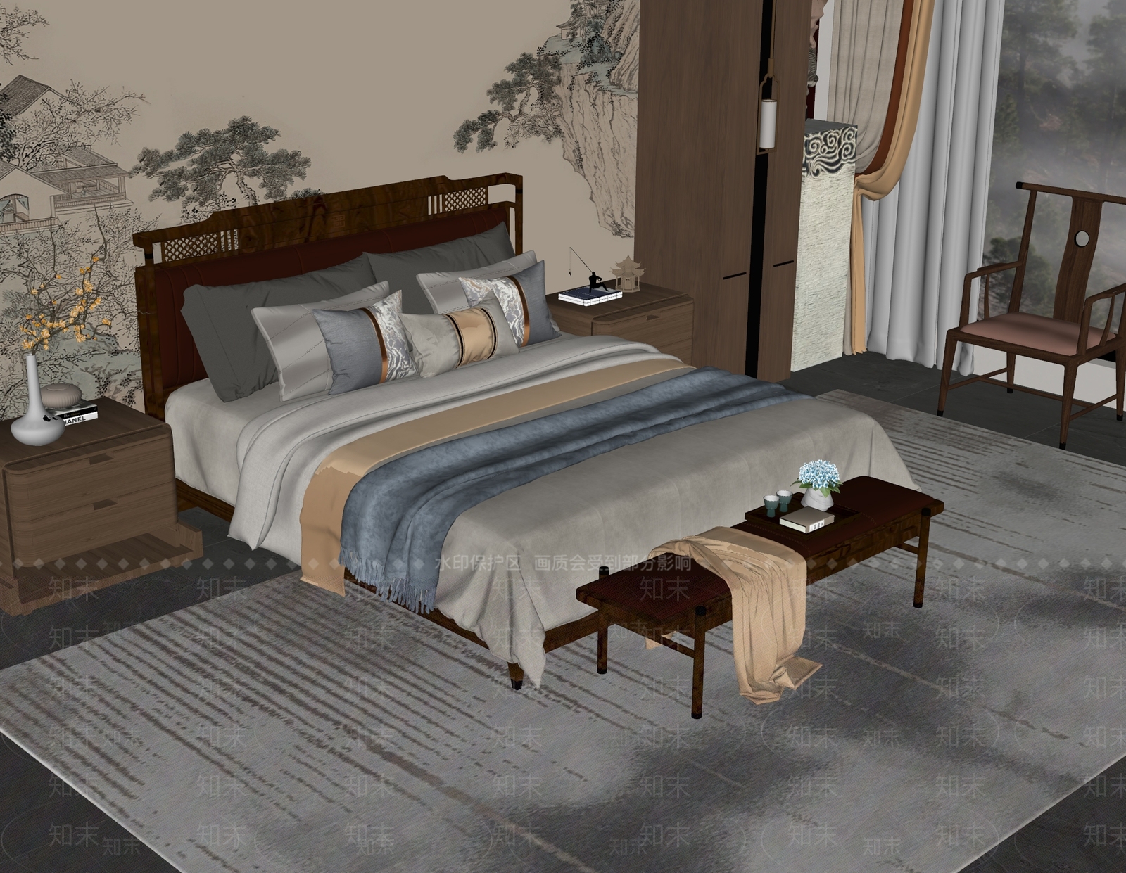 新中式双人床SU模型下载【ID:1193121676】