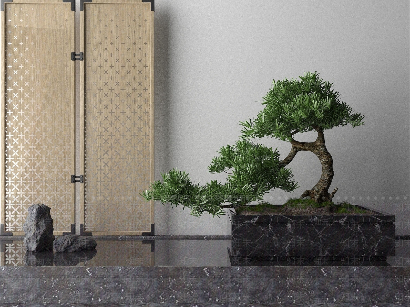 新中式迎客松景观3D模型下载【ID:1193179817】