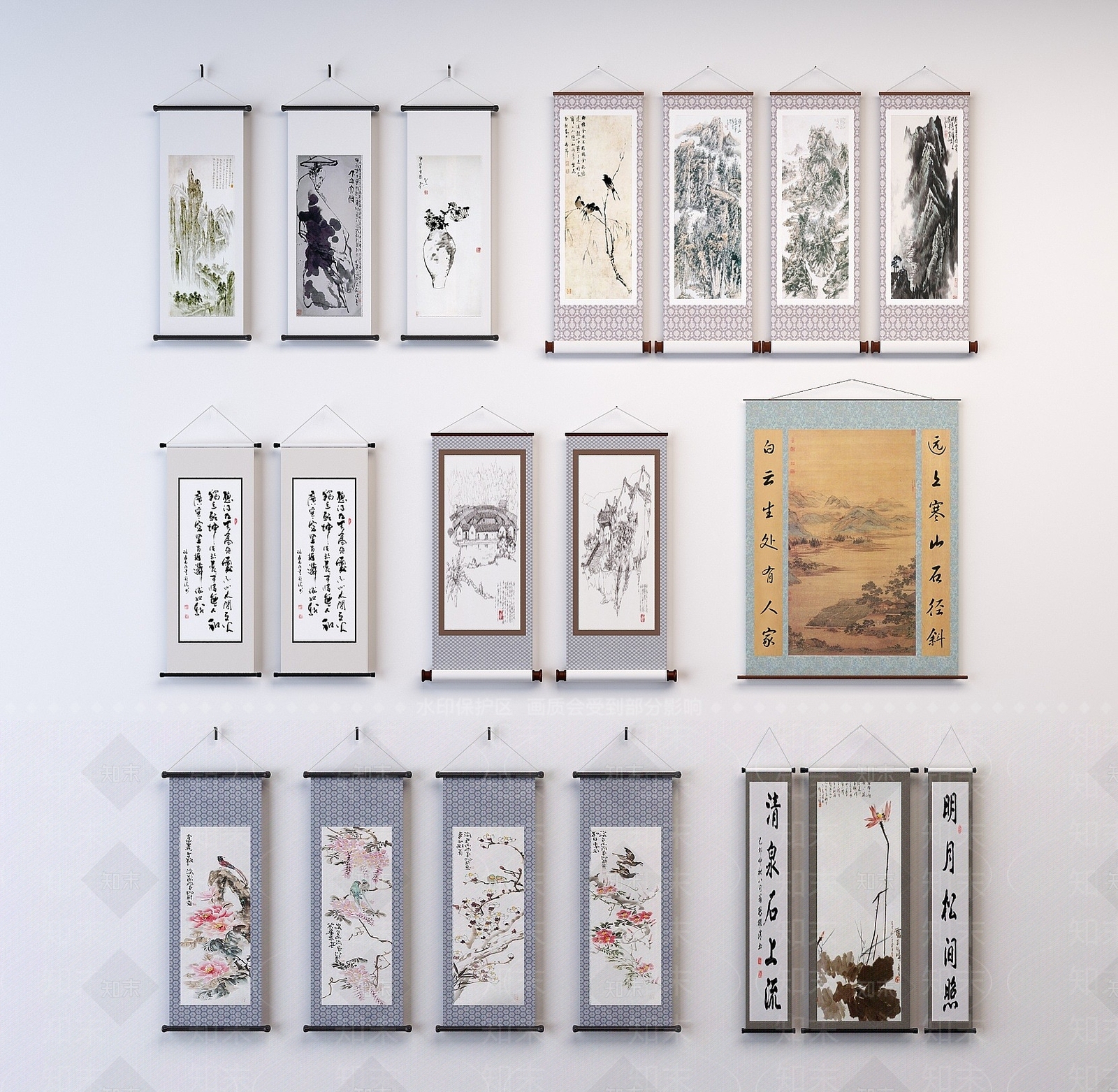 中式卷轴挂画3D模型下载【ID:1193183202】