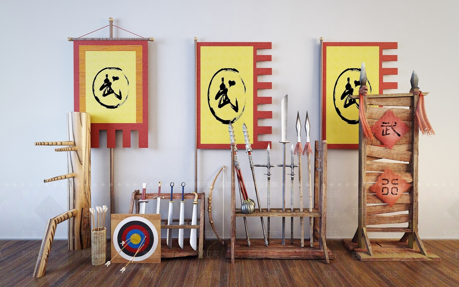 现代冷兵器木人桩武术馆装饰3D模型下载【ID:1193193067】