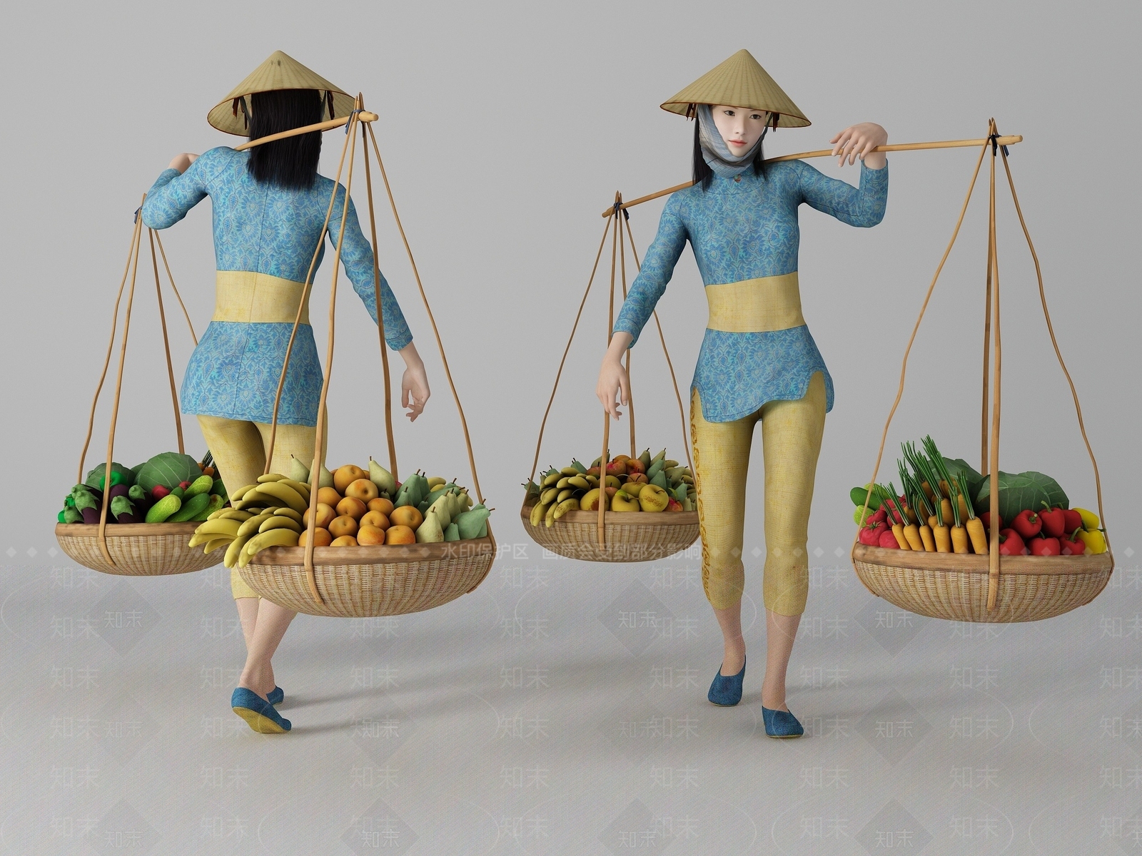 现代风格挑菜美女人物3D模型下载【ID:1193223367】