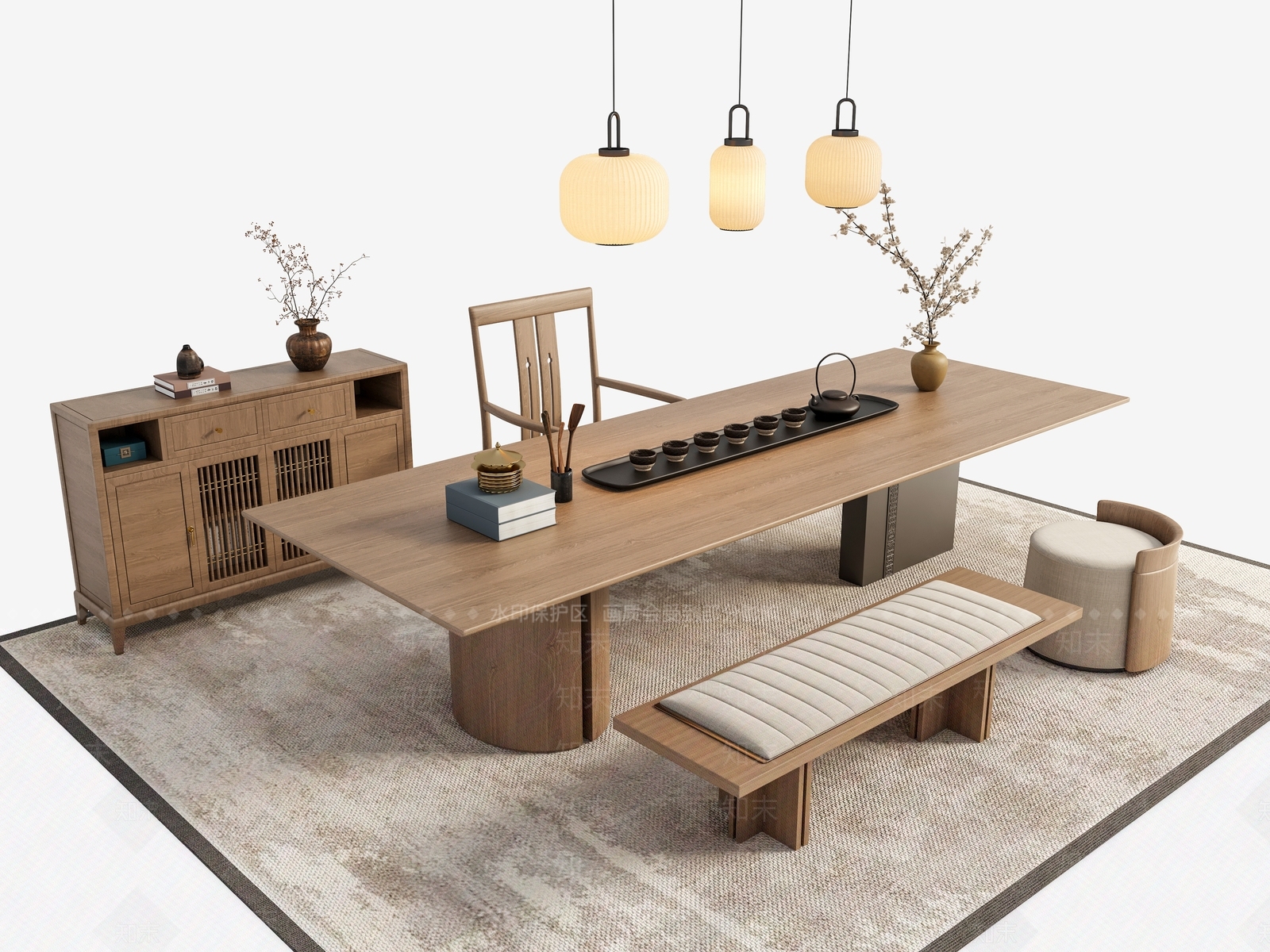 禅意新中式茶桌椅3D模型下载【ID:1193266896】